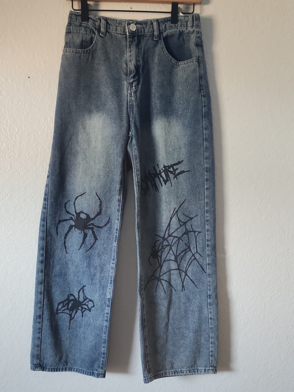 SHEIN Light Blue Straight Jeans with Black Spider & Web Prints